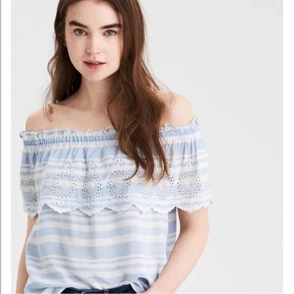 American Eagle Outfitters Tops - AE American Eagle Off Shoulder Eyelet Top Womens XS Blue White Striped Boho